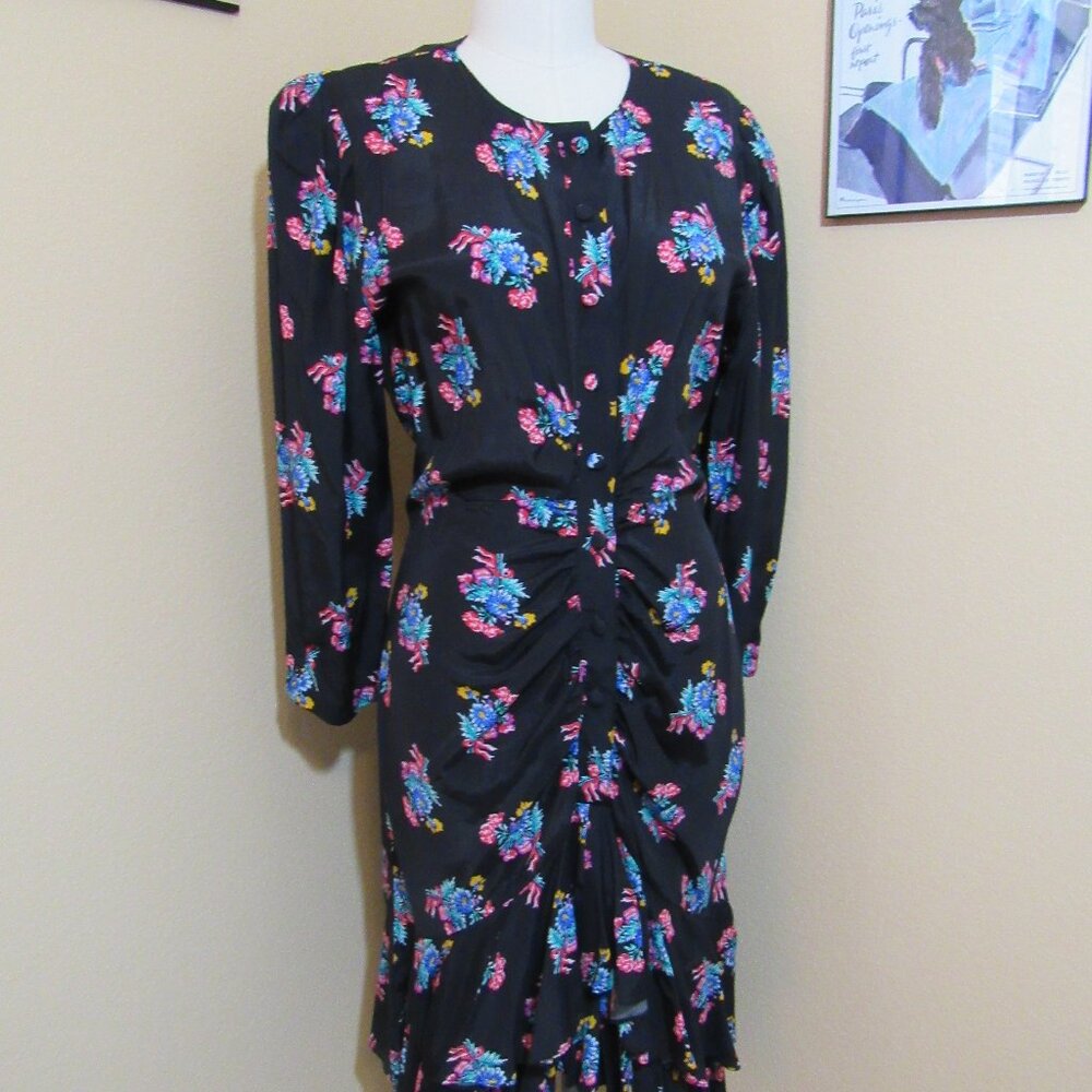 Vintage Jonathan Martin Retro Black Floral Dress w/Ruched Detail Size 9/10